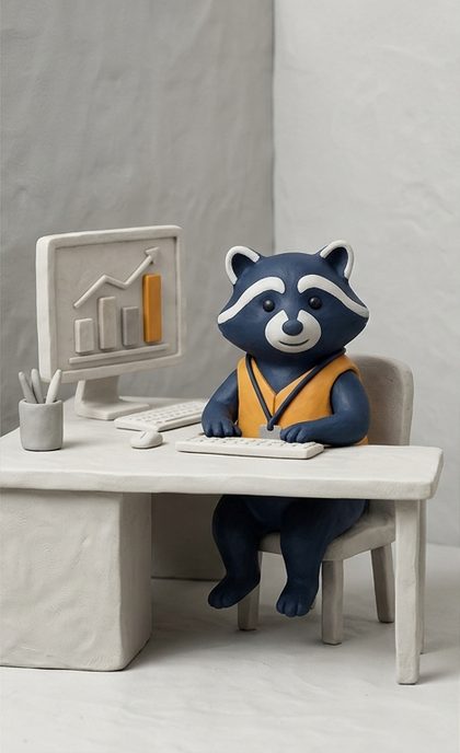La mascotte Assoverse à son poste de travail, devant un graphique.