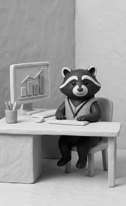 La mascotte Assoverse à son poste de travail, devant un graphique.