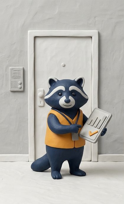 La mascotte Assoverse devant une porte d'immeuble, tablette à la main.